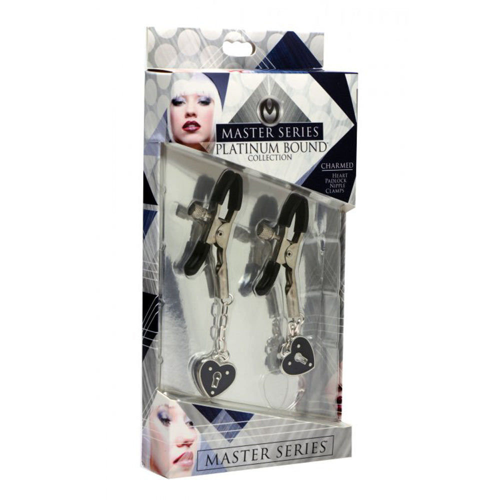 Heart padlock nipple clamps with vinyl tips.