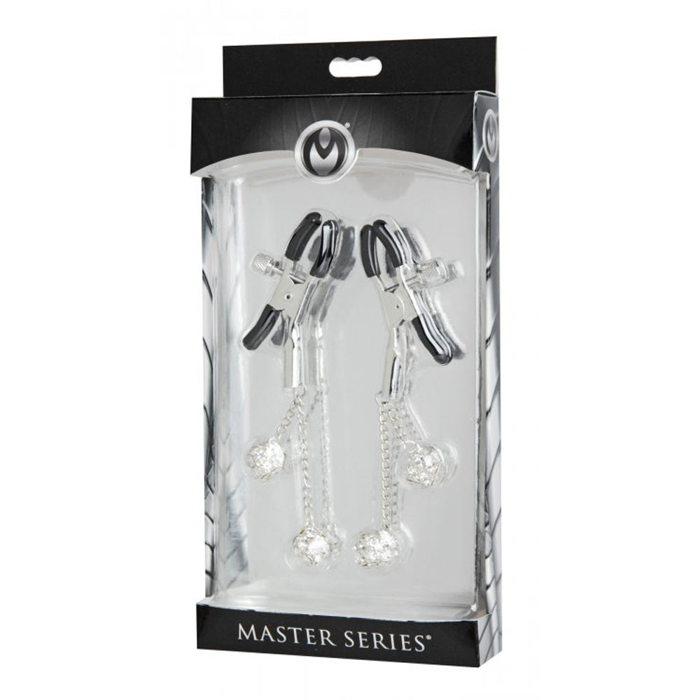 Adjustable nipple clamps with rhinestone accents in packaging.