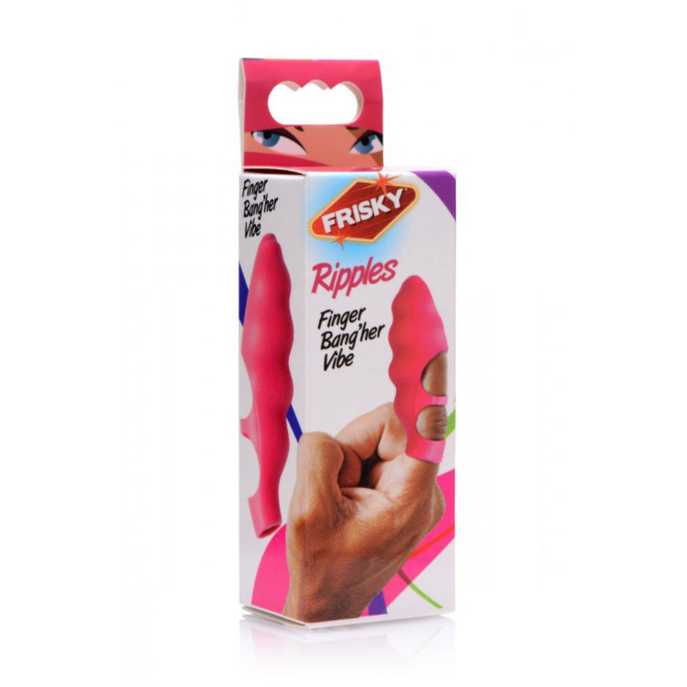 Pink silicone finger vibrator with "Frisky Ripples" branding.