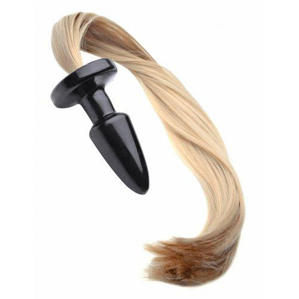 Black anal plug with a blonde ponytail attachment.