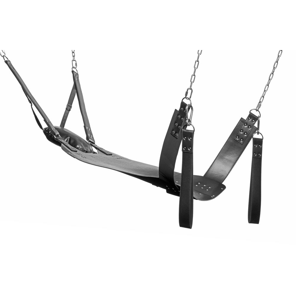 Black leather bondage sling with stirrups and pillow.