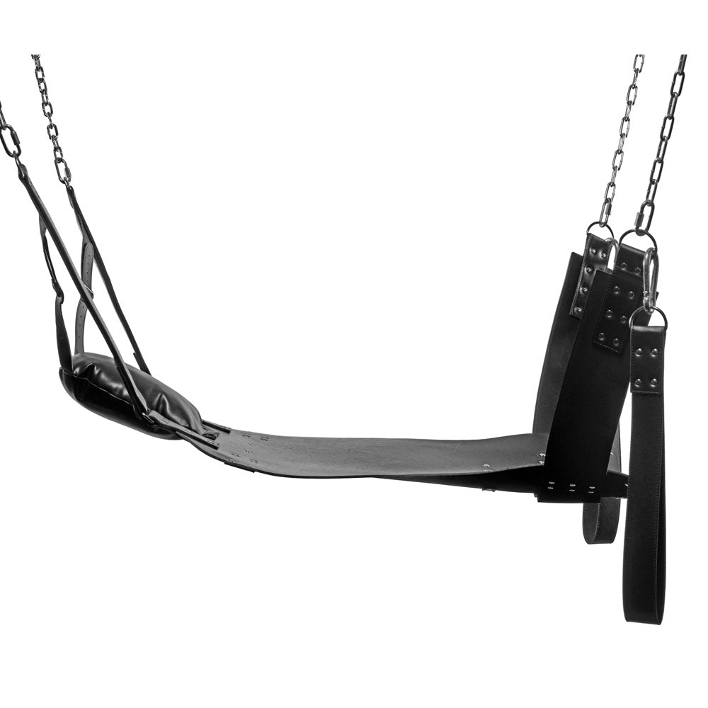Black leather bondage sling with stirrups and pillow.