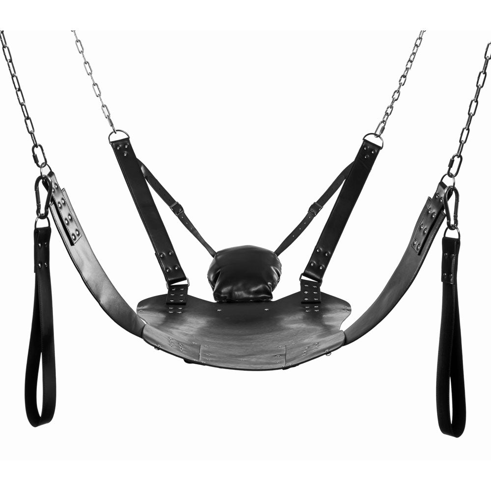 Black leather bondage sling with stirrups and head pillow.