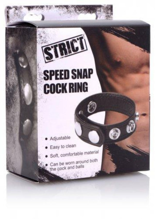 Black adjustable PU leather snap cock ring with silver snaps.
