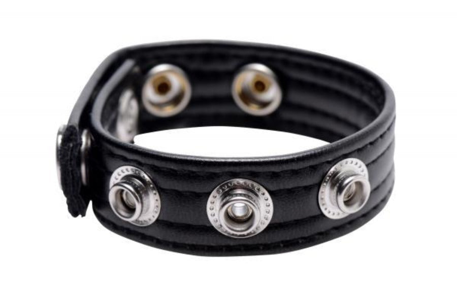 Black adjustable PU leather snap cock ring.