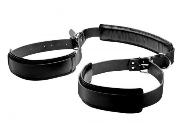 Black padded leather thigh sling positioning aid with adjustable straps.