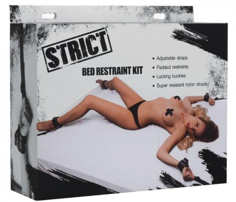 Bed restraint kit with padded cuffs and adjustable straps on a box with a woman in restraints.