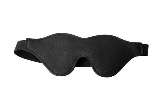 Black PU leather blindfold with fleece lining and elastic strap.