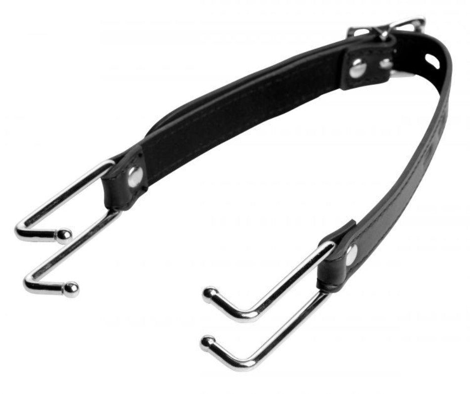 Black PU leather mouth spreader with metal claw hooks.