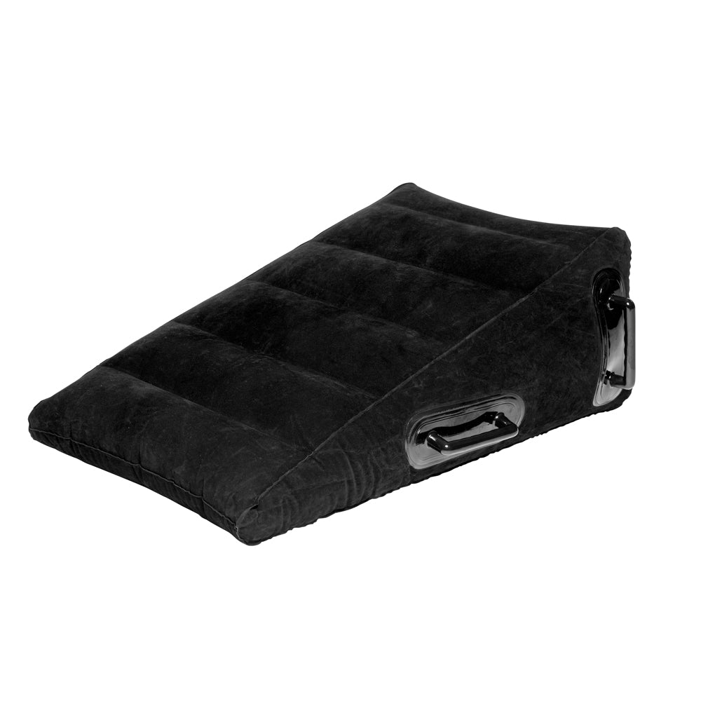 Black inflatable wedge pillow with handles for sexual positions.