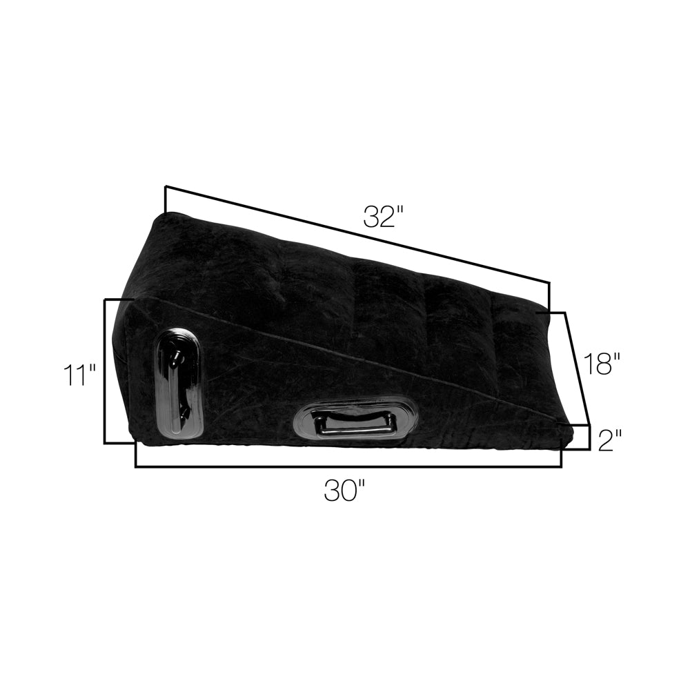 Black inflatable wedge pillow with handles, 32 inches long.