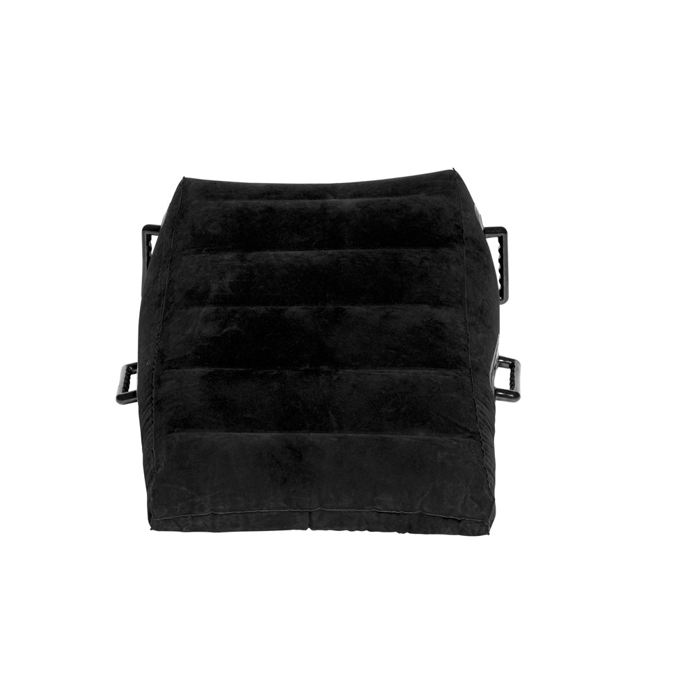 Black inflatable sex position pillow with four handles.