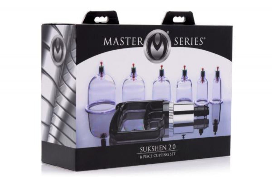 A 6-piece suction cupping set with a hand pump and clear plastic cups.