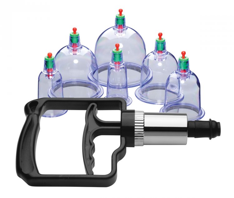 A 6-piece suction cupping set with a hand pump and various sized cups.