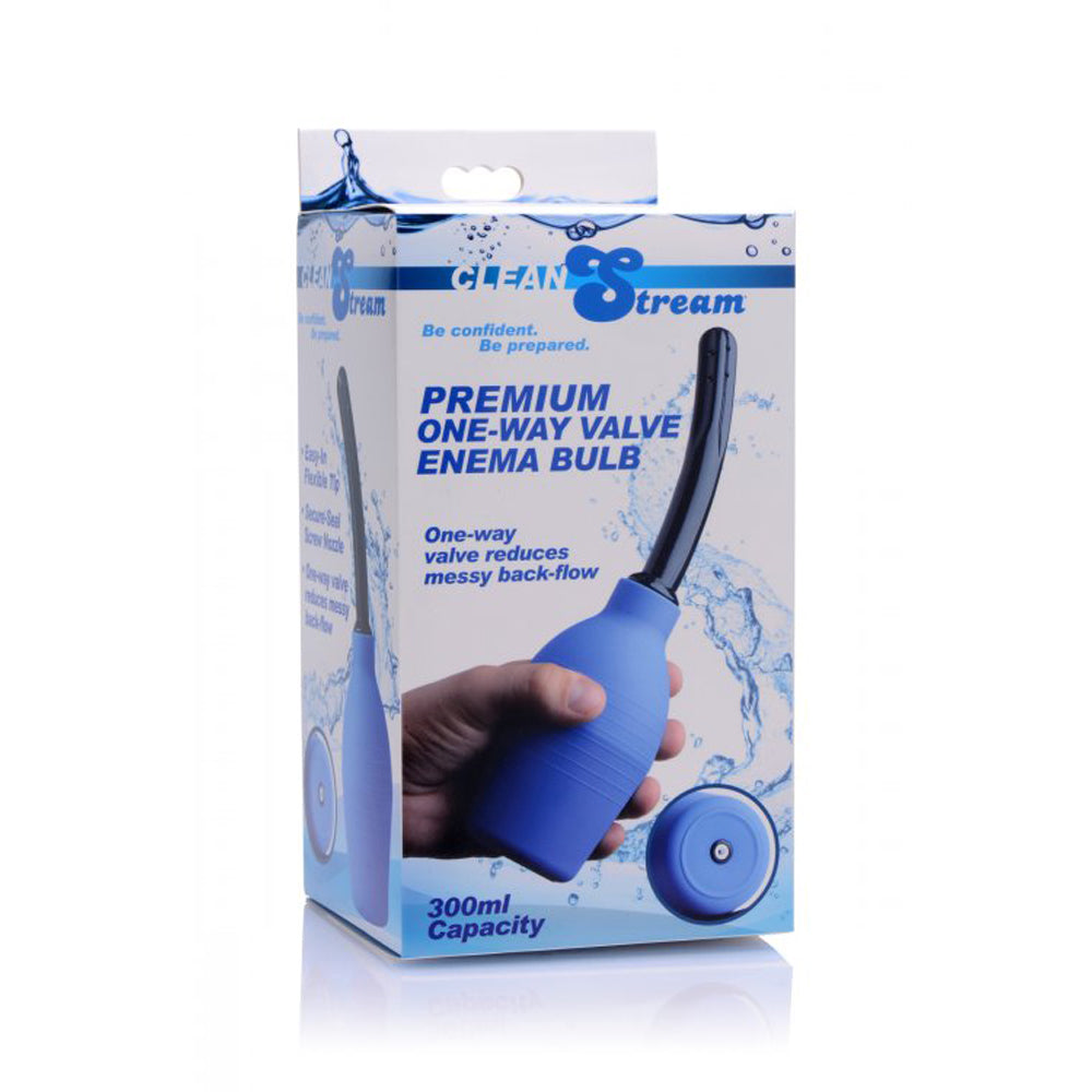 Clean Stream 300ml blue PVC enema bulb with one-way valve.