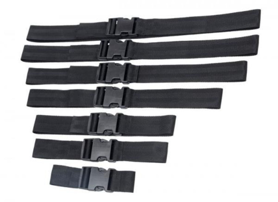 Set of seven black adjustable nylon bondage straps with buckles.