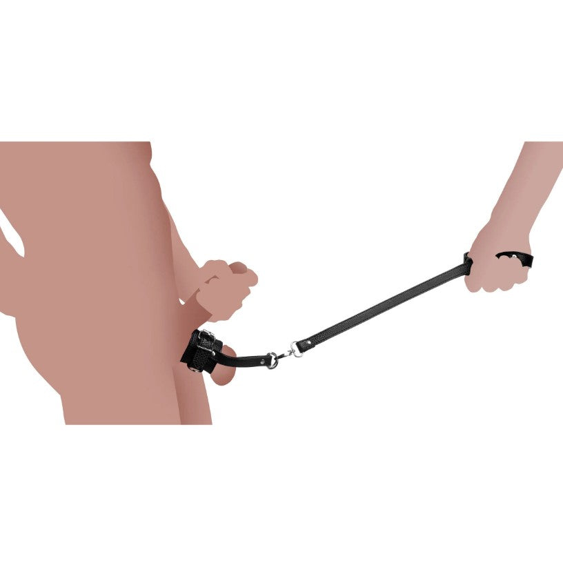 Adjustable black PU leather ball stretcher with leash.