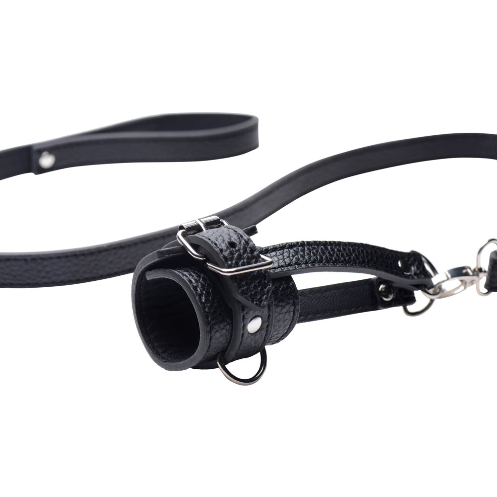 Black adjustable PU leather ball stretcher with leash.