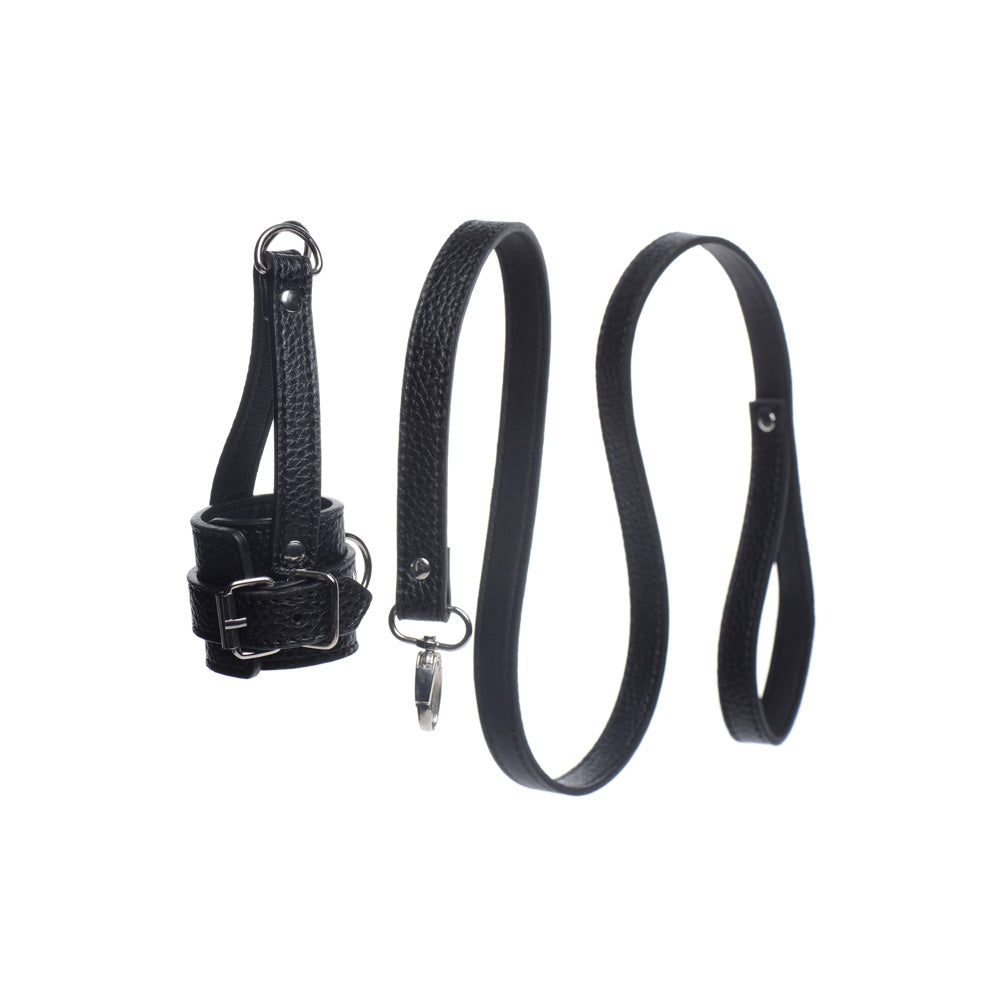 Black adjustable PU leather ball stretcher with leash.