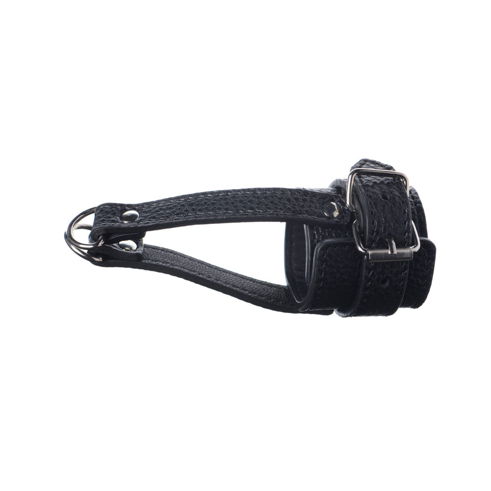 Adjustable black PU leather ball stretcher with leash attachment.