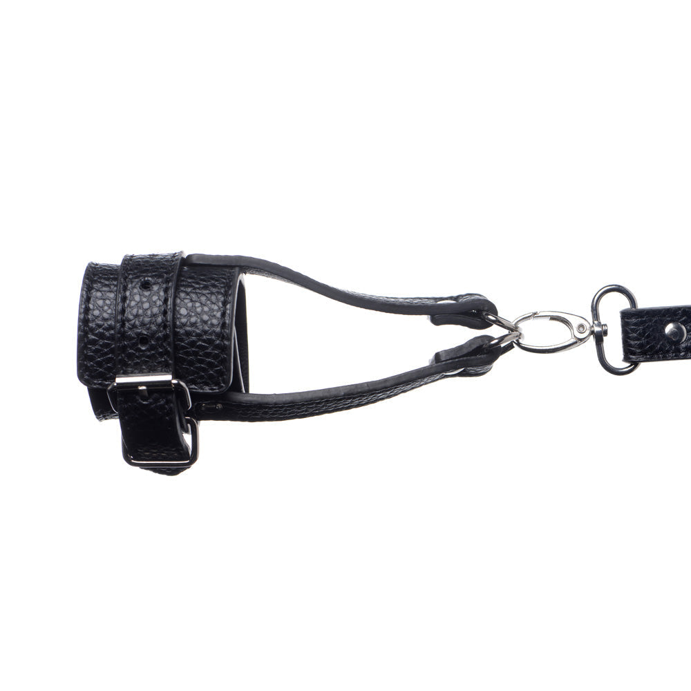 Black adjustable PU leather ball stretcher with leash.