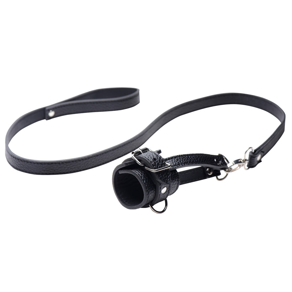 Black adjustable PU leather ball stretcher with leash.