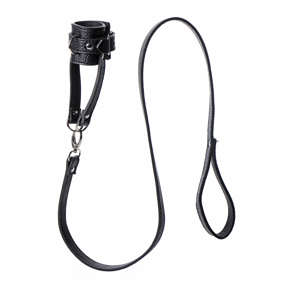 Black adjustable PU leather ball stretcher with leash.