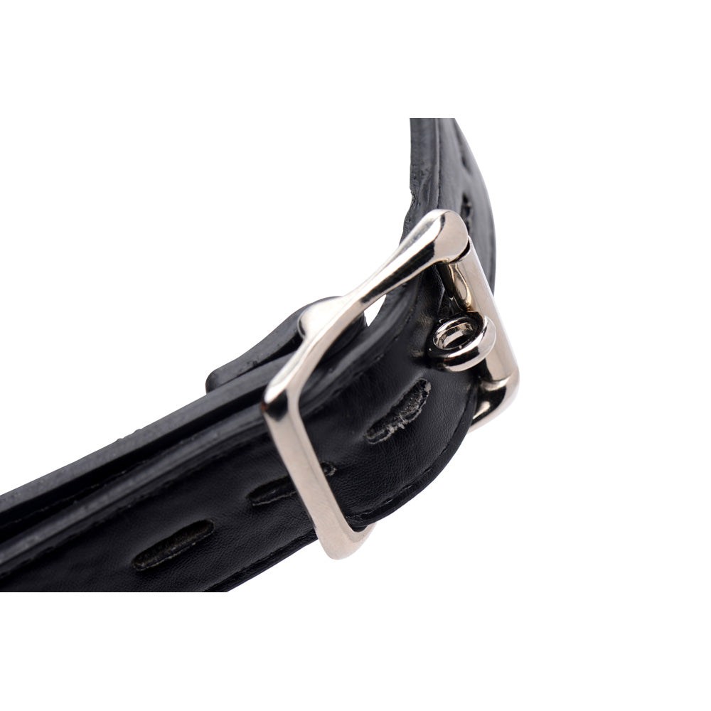 Black leather strap with a silver buckle and loop.