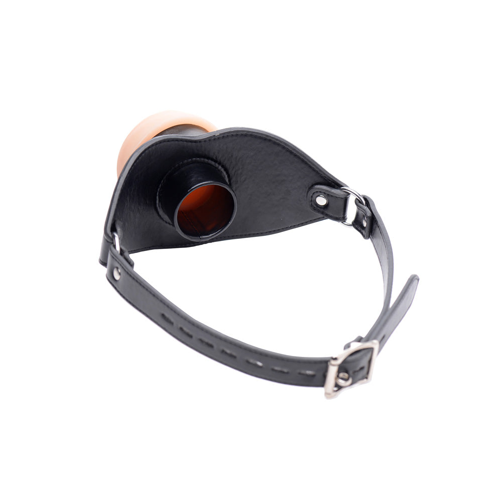 Black leather gag with a realistic TPE vulva opening and adjustable strap.