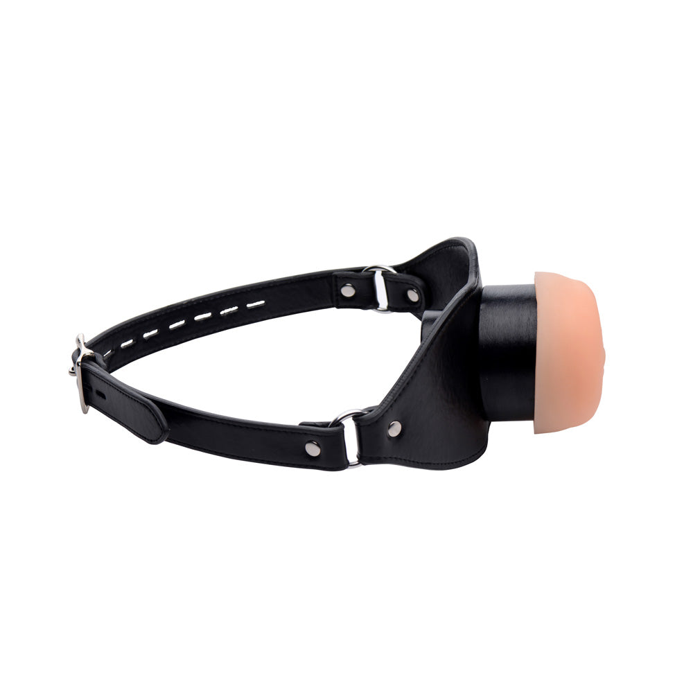 Black leather open mouth gag with a realistic TPE vulva opening.