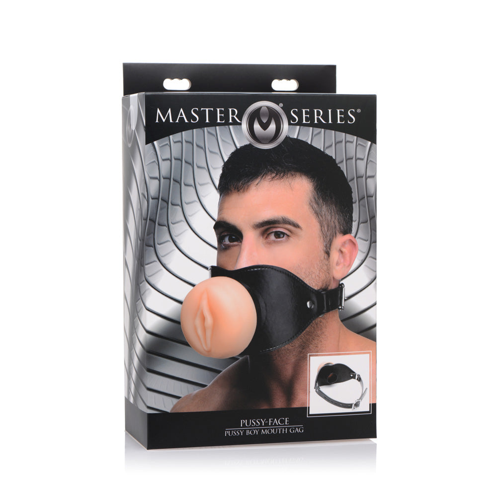 Black mouth gag with a realistic vulva opening on a man's face.