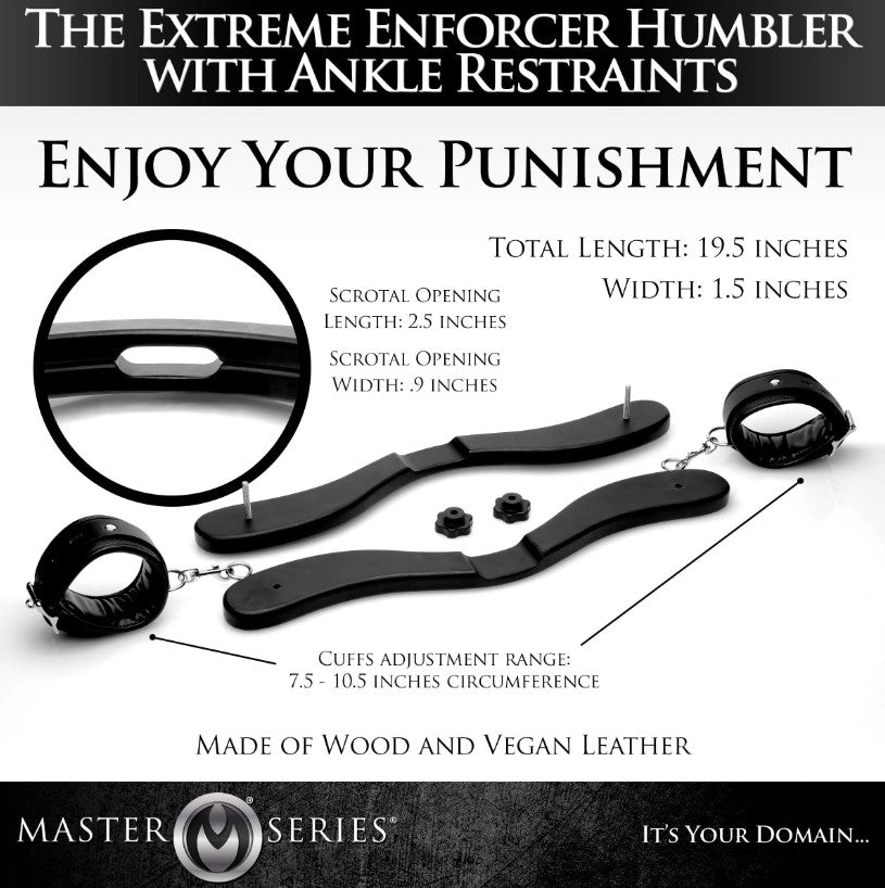 Wooden humbler with ankle restraints, featuring scrotal opening and adjustable cuffs.