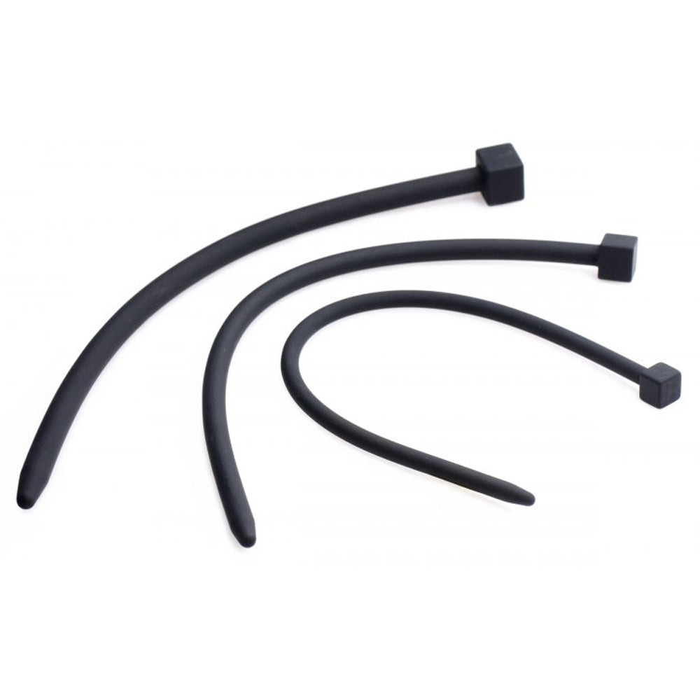 Three black flexible silicone urethral sounds of varying sizes.