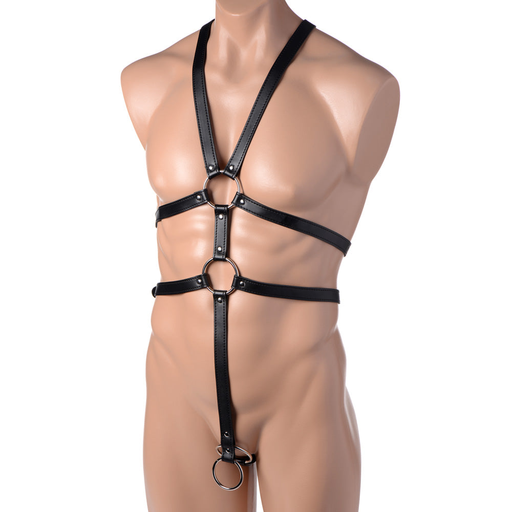 Black PU leather male body harness with rings.