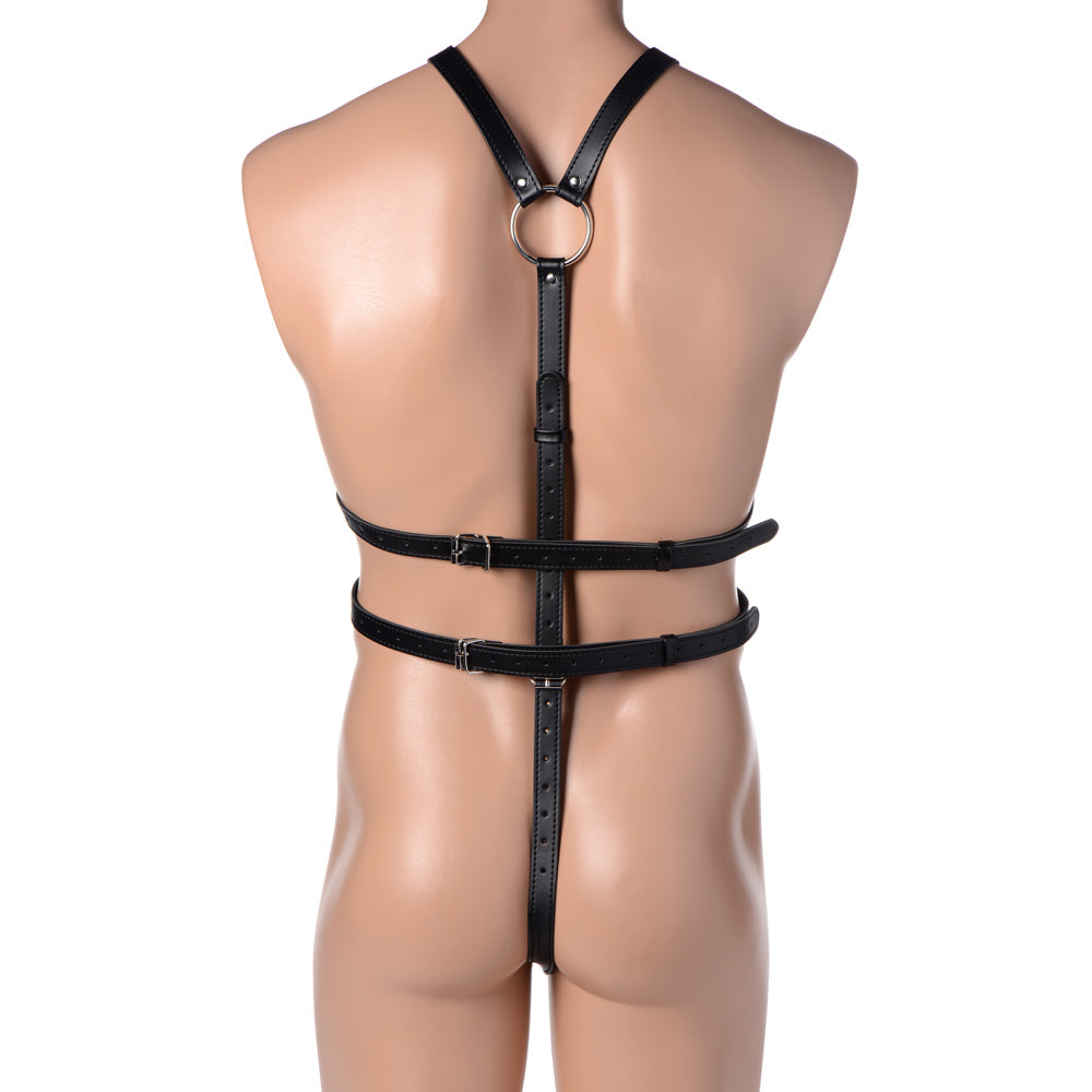 Black PU leather full body harness with metal ring and straps.