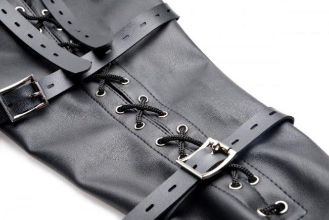 Black PU leather armbinder with buckles and lacing.