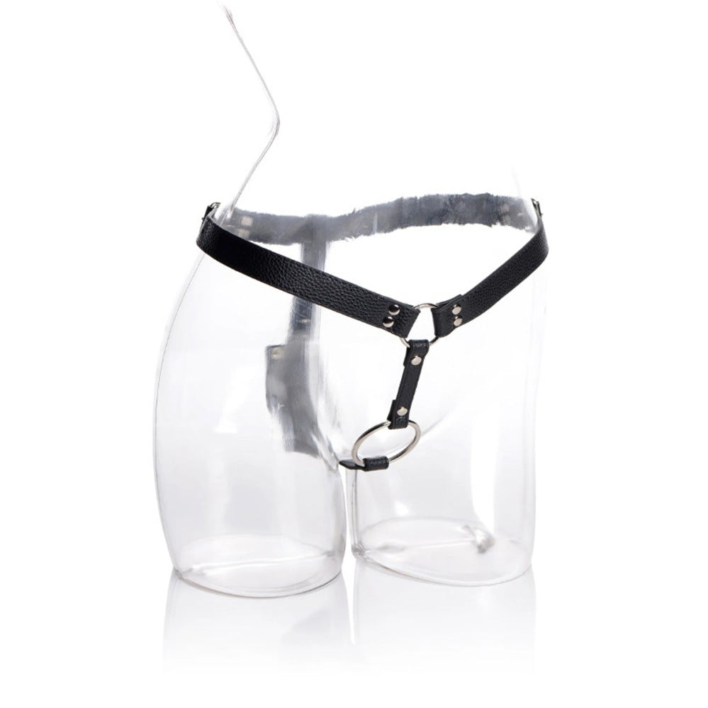 Black leather harness with metal rings and a dangling ring.