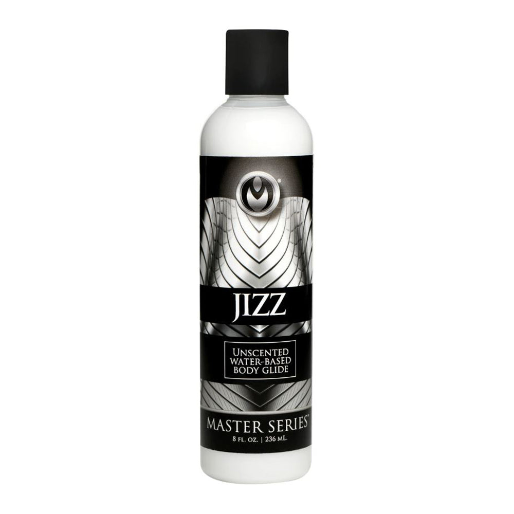 A white bottle of Jizz brand unscented water-based body glide.
