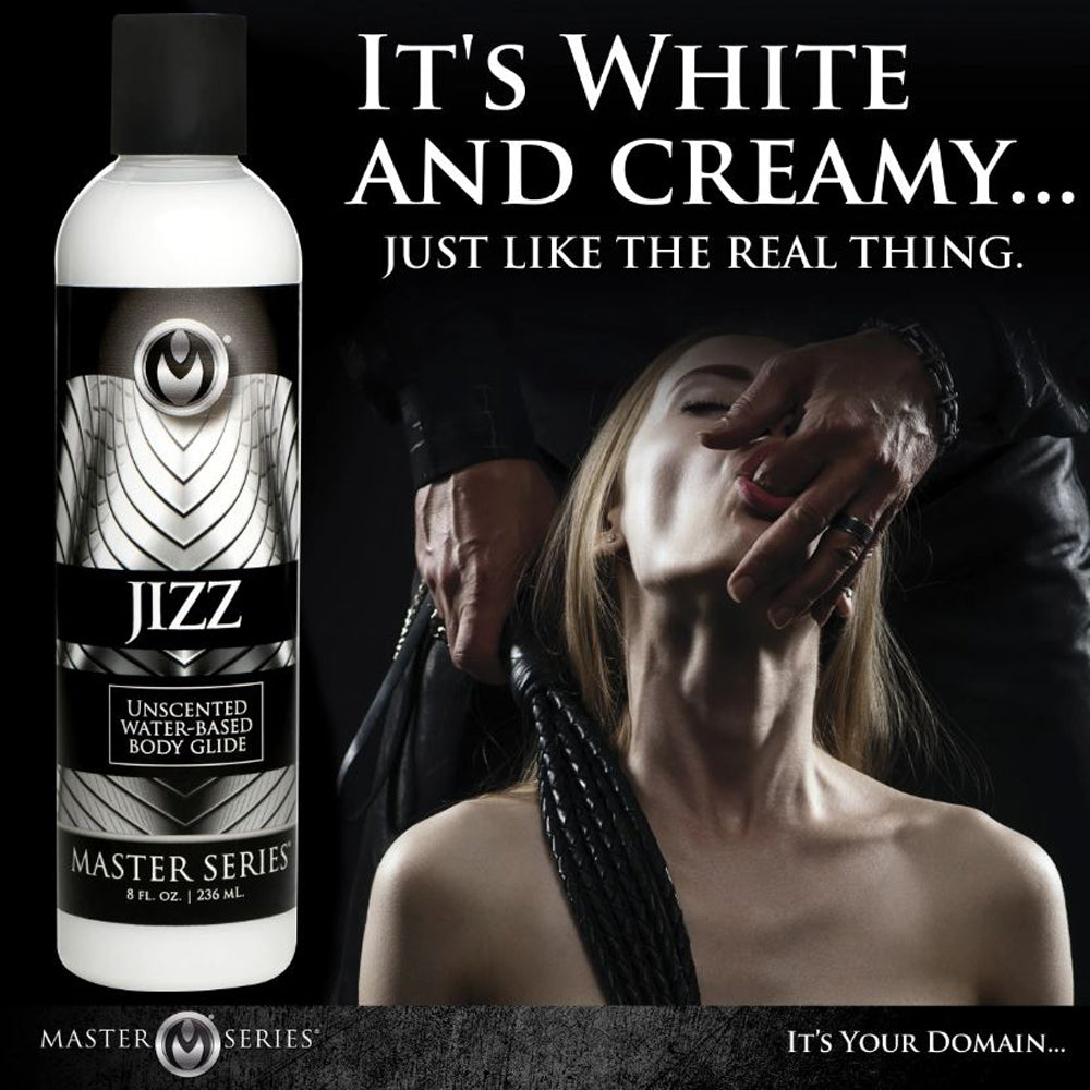 Unscented water-based body glide in a white bottle with a woman and a whip.