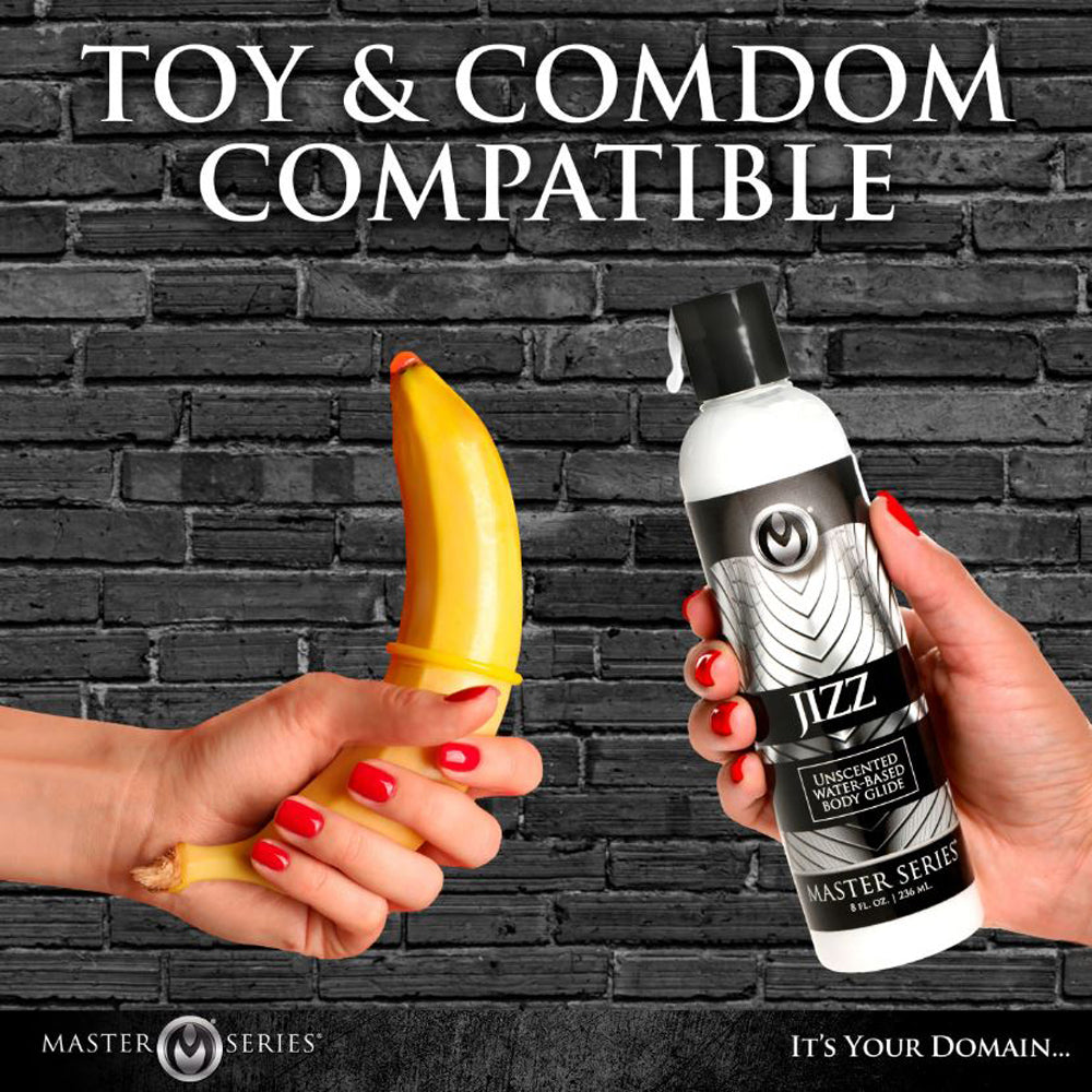 Unscented water-based lubricant in a white bottle with a banana and condom.
