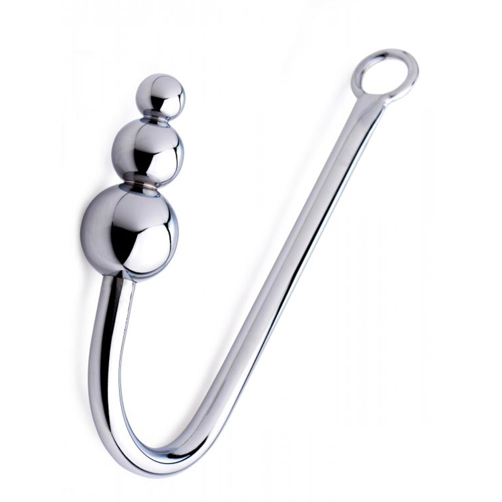 Beaded stainless steel anal hook with a ring and three stacked balls.