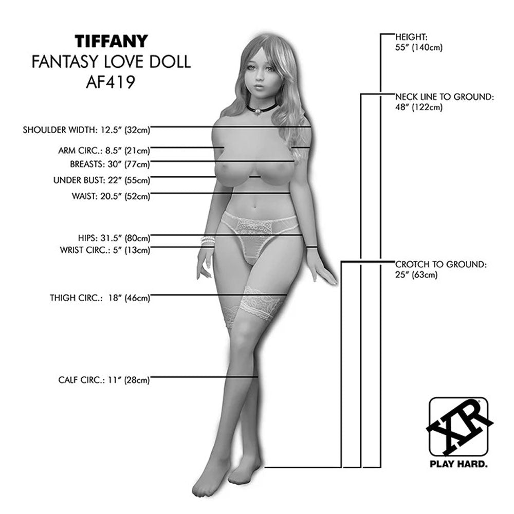 Lifelike blonde TPE love doll with D-cup breasts and detailed measurements.
