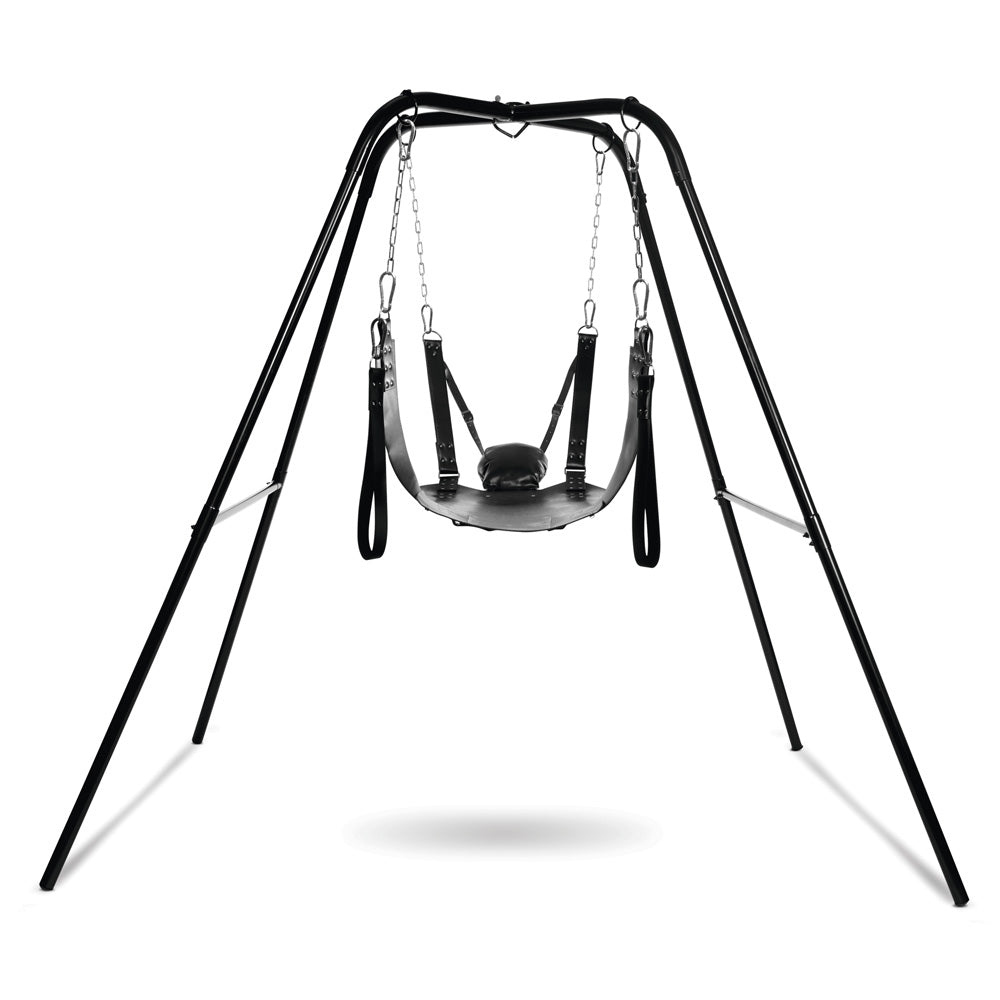 Black metal swing stand with a leather sling and padded pillow.