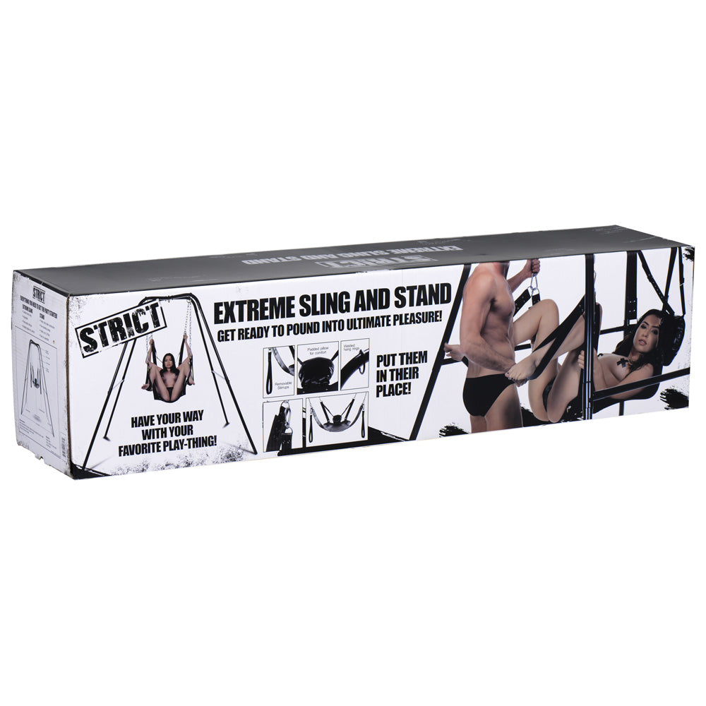 A black and white box for an "Extreme Sling and Stand" with images of people using the product.