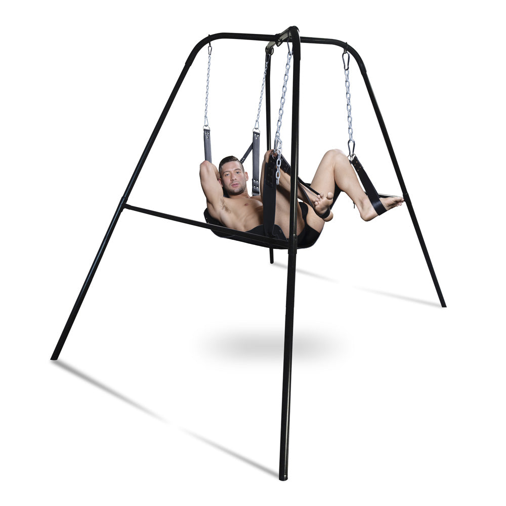 Black metal swing stand with a man in a sling.
