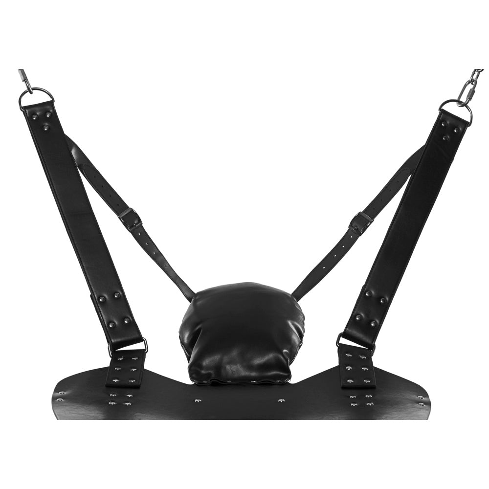 Black leather harness with straps and a padded sling.