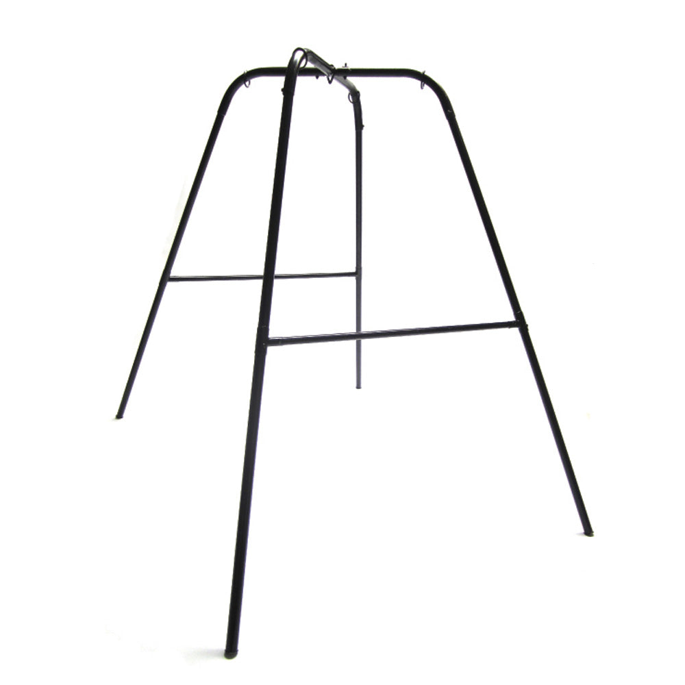 Black metal A-frame stand with hooks for a sling.