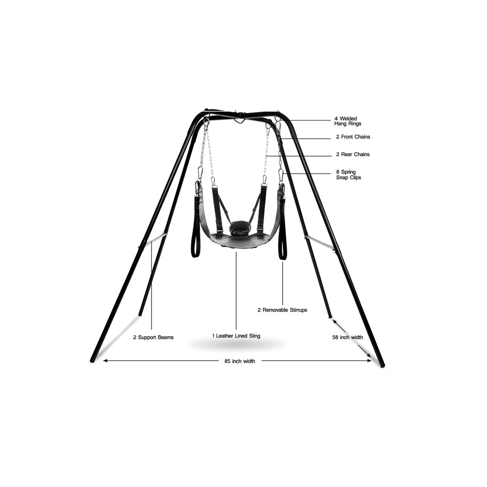 A metal swing stand with a leather sling, chains, and stirrups.