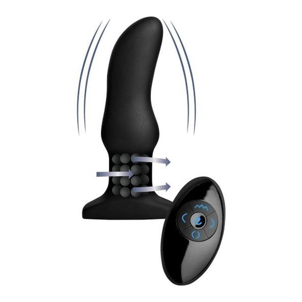 Black curved anal massager with rotating beads and a remote control.
