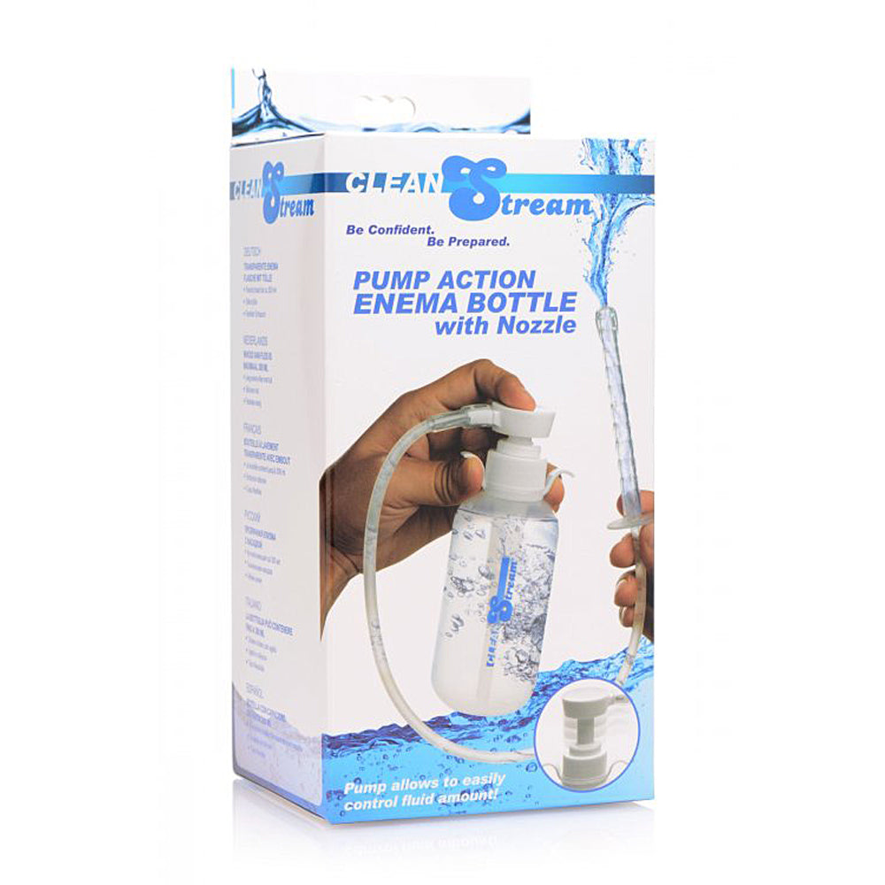 CleanStream pump action enema bottle with nozzle and flexible hose.